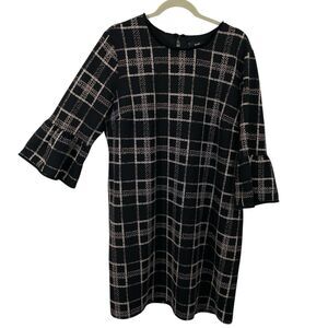 Wallis Shift Dress size US 16 UK 20 Black Windowpane Pattern Bell 3/4 Sleeves
